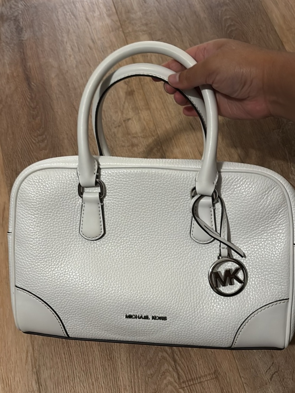 Michael Kors White Pebbled Leather Dome Satchel with MK Charm